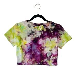 Vintage Hand Dyed Purple and Lime Green Cropped T-Shirt Size XS Ice Dye Tee